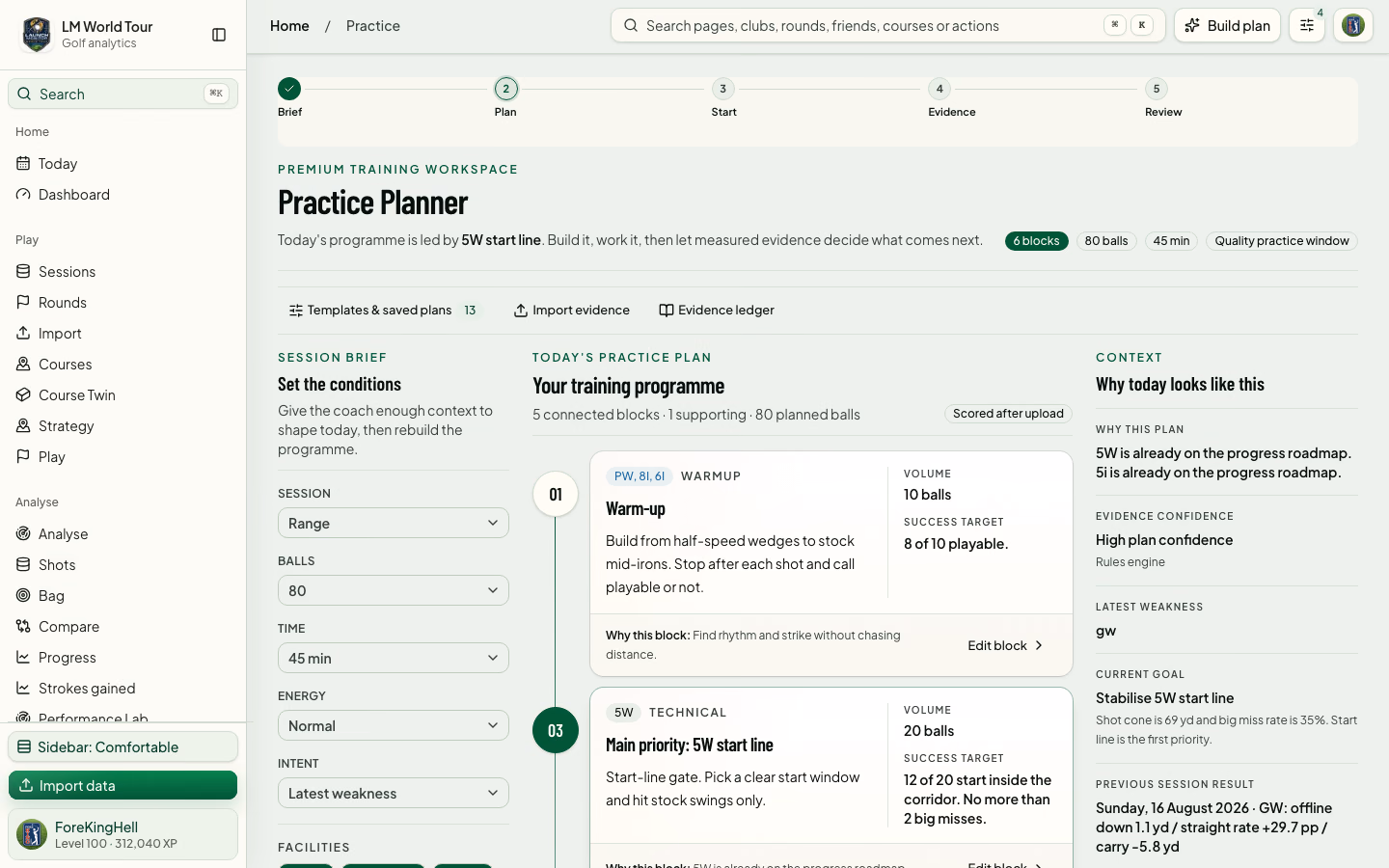 LM World Tour Practice Planner screen showing a structured training programme and its evidence context