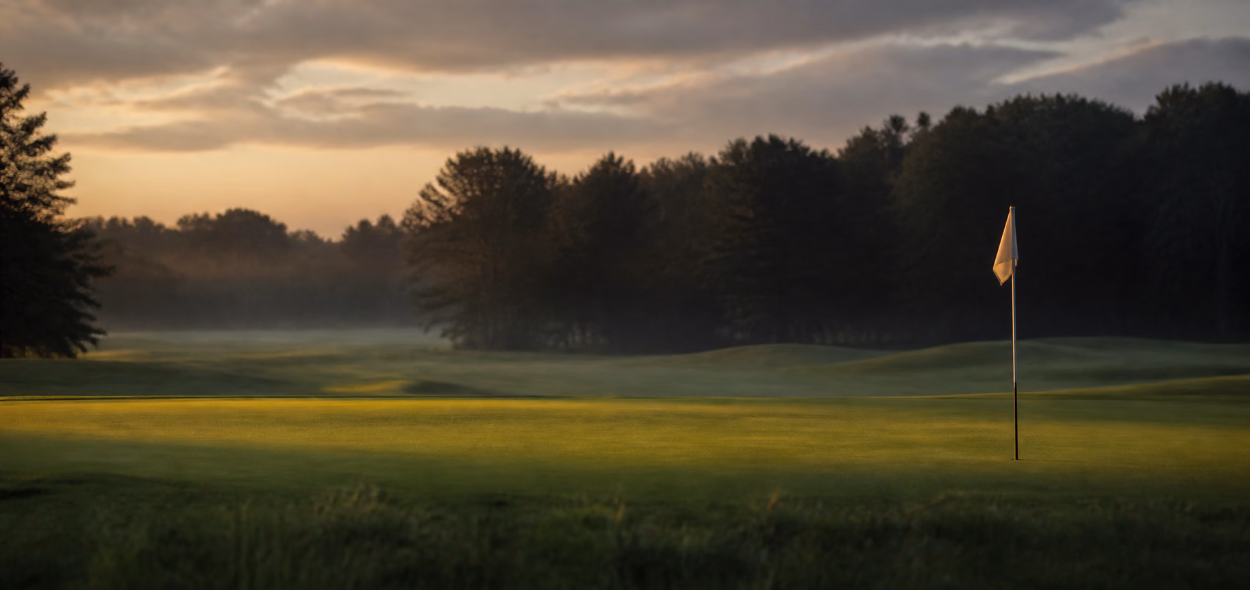 A quiet golf green and flag in the last light of the day